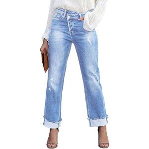 Womens High Waist Denim Cargo Pants Stretchy Wide Leg Flap Pockets
